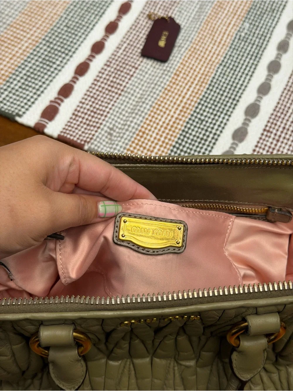 Miu Miu Olive Quilted Matelassé Leather Satchel with Gold Hardware